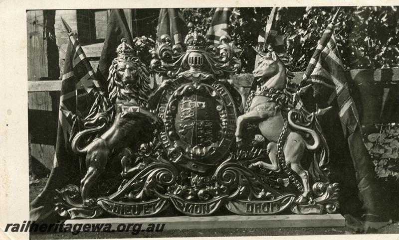 P06803
Royal Coat of Arms which was placed on the running board of the loco that hauled the Duke of York's  Royal Train from Perth to Pinjarra
