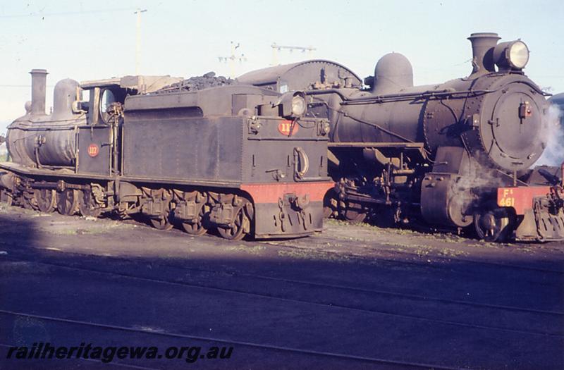 P06876
G class 117, FS class 461, Bunbury Loco Depot, side and end view of G class, side and front view of FS class
