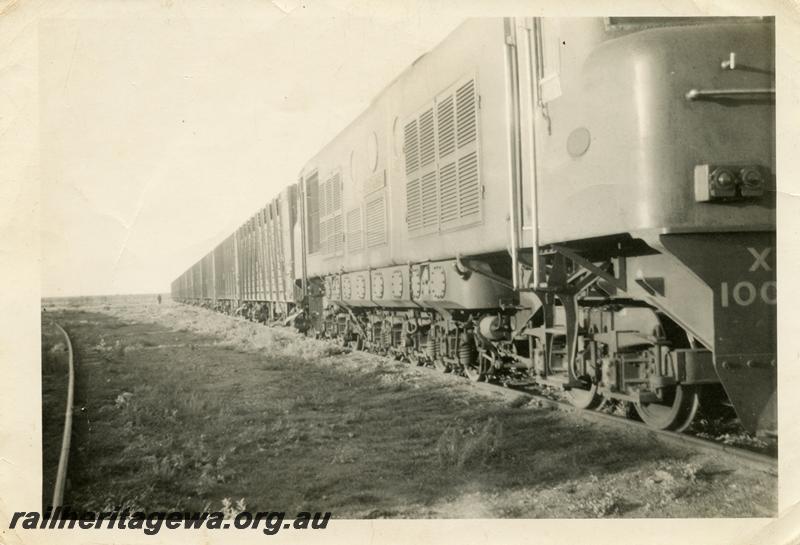 P06919
X class loco 100?, Meekatharra Stock Yards, NR line, view back along train from next to the loco. Notation claims biggest cattle train at Meekatharra
