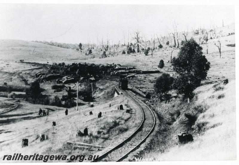 P07058
Distant overall view of the Mornington mill disaster train crash near Wokalup
