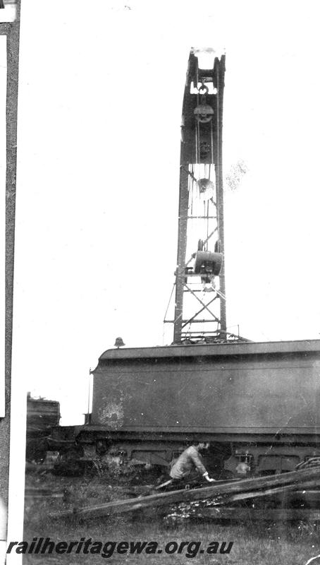 P07062
3 of 8 views of the smash at Wokalup, SWR line, tender of E class 345 being lifted by steam crane No.23, side view
