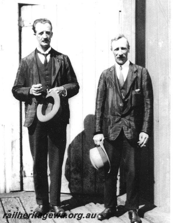 P07084
MRWA Station Master, Mr D. M. Bain (LHS), Gingin, standing with another employee
