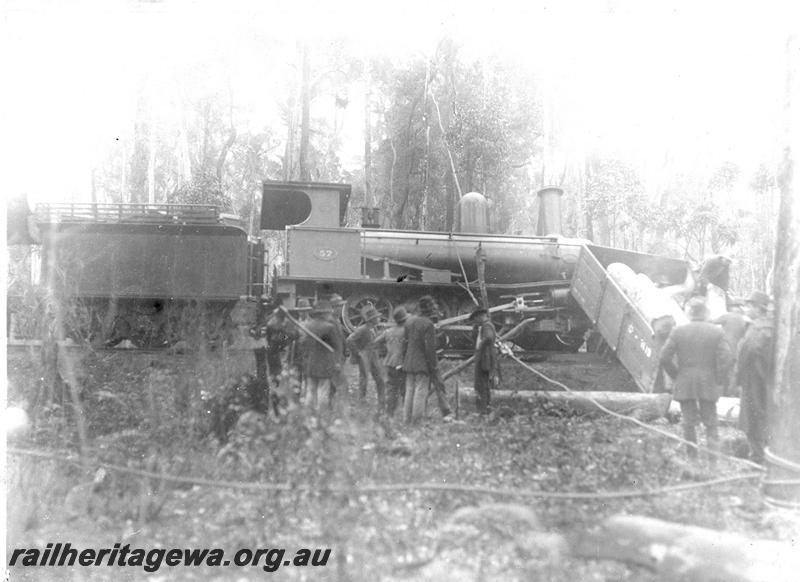 P07098
1 of 5 views of the derailment of SSM loco No.57, Deanmill, side view of derailed loco with wagon G class 3119 also derailed.
