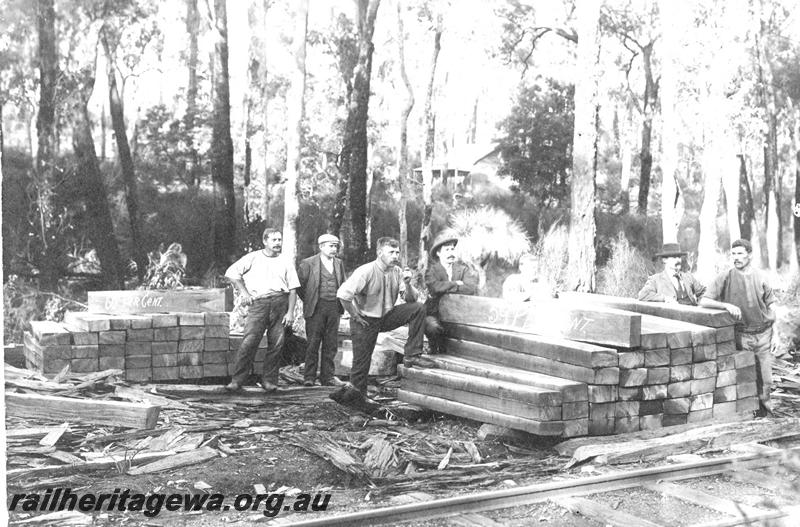 P07105
Timber cutters, stacks of sleepers, in bush setting
