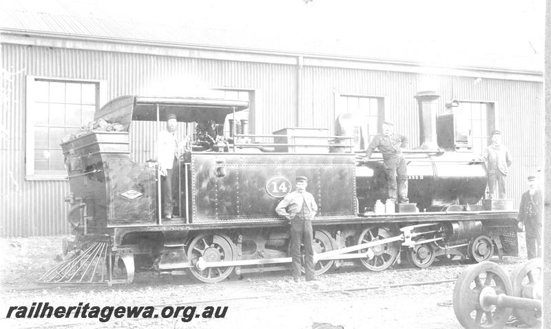 P07112
B class 14, with crew. T. J. Tasker in cab, rear and side view
