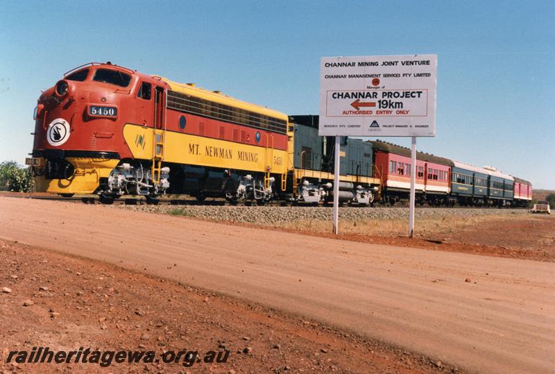 P07153
MT Newman Mining loco, F7 No.5450, Alco 415 on passenger train. The first and only time the F7 loco ran to Paraburdoo, for a meeting of the Scout groups
