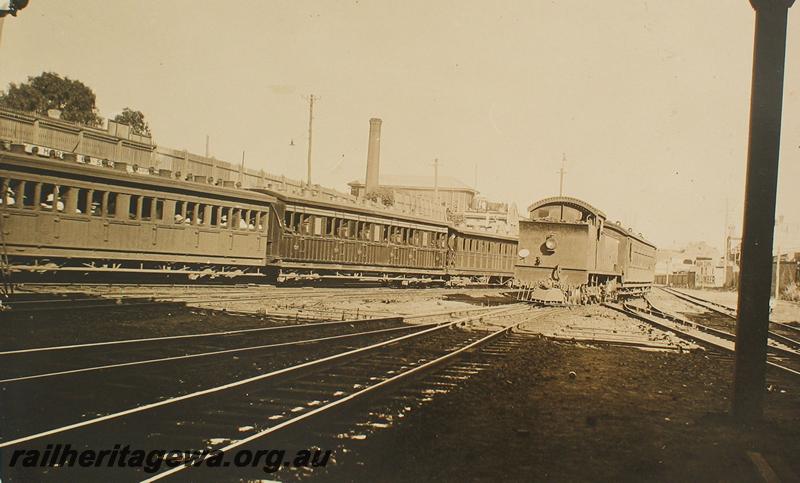 P07206
DS class, suburban passenger train heading into Perth Station, view taken from under the Barrack Street Bridge looking east, train on the left of photo consists of an AC class, AB class and an AG class carriages.
