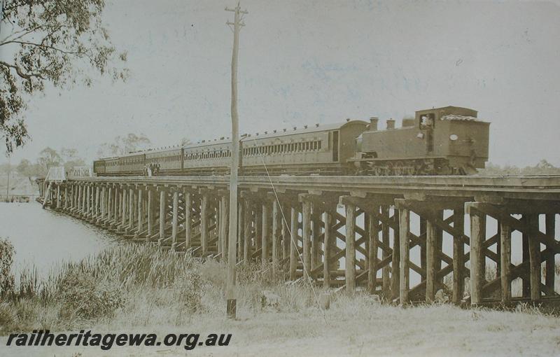 P07247
K class loco, trestle bridge, Belmont Branch, passenger train.
