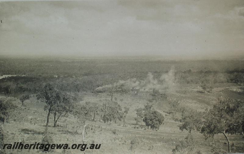 P07259
5 of 10 photos taken on the Upper Darling Range Railway, Zig Zag, UDRR line, view from top of Zig Zag . MS class Garratt loco hauling a passenger train on lower leg.
