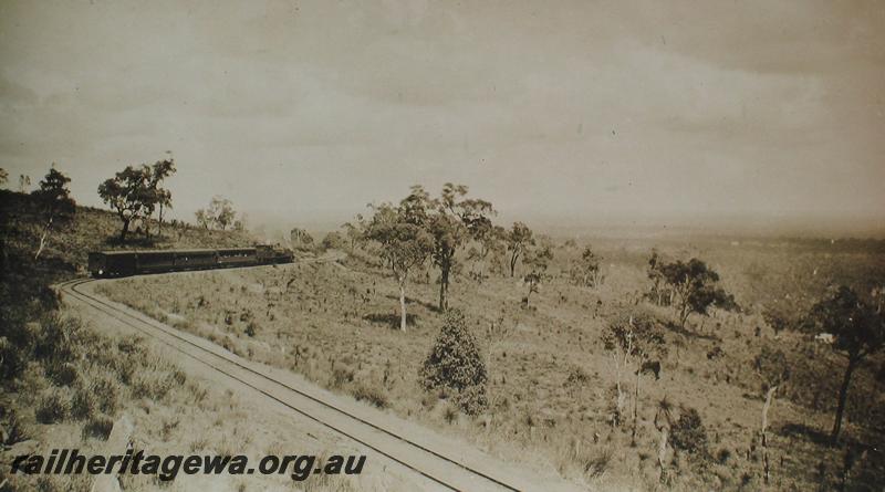 P07264
10 of 10 photos taken on the Upper Darling Range Railway, Zig Zag, UDRR line, view from top of Zig Zag, train heading away .
