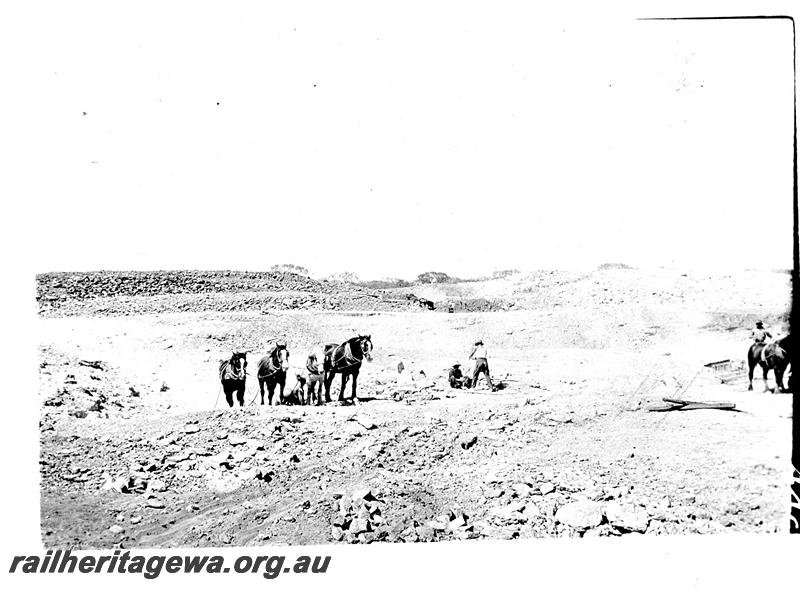 P07295
10 of 19 photos of the construction of the railway dam at Wurarga. NR line, removing top six feet with horse drawn scrappers
