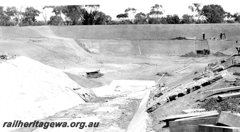P07342
6 of 15 views of the construction of the railway dam at Williams, BN line, looking down inlet race into dam
