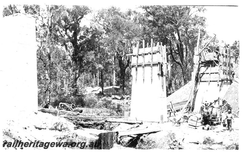 P07353
2 of 10 views of the construction of the deviation at Allanson, BN line, Hamilton River Bridge under construction, concrete pylons being constructed
