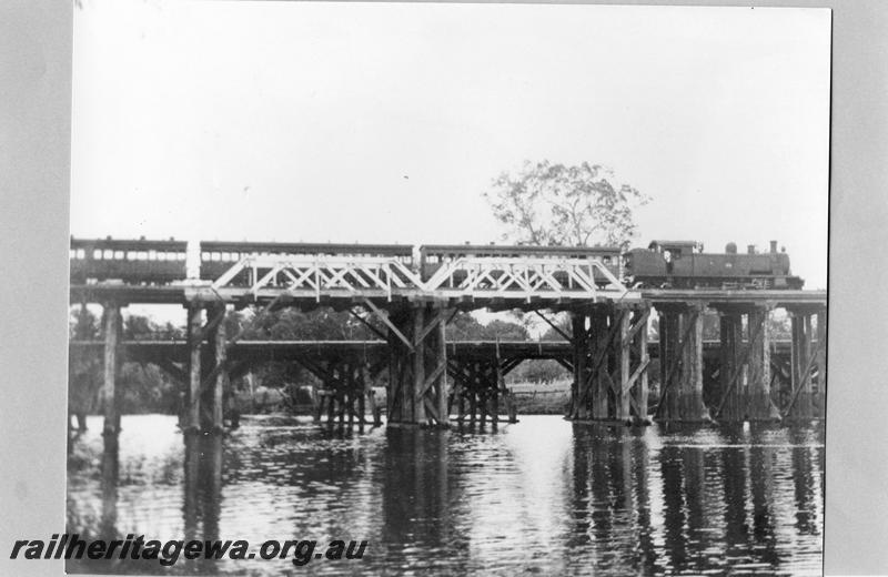 P07532
D class, through timber truss bridge, Guildford, on suburban passenger train, side on view
