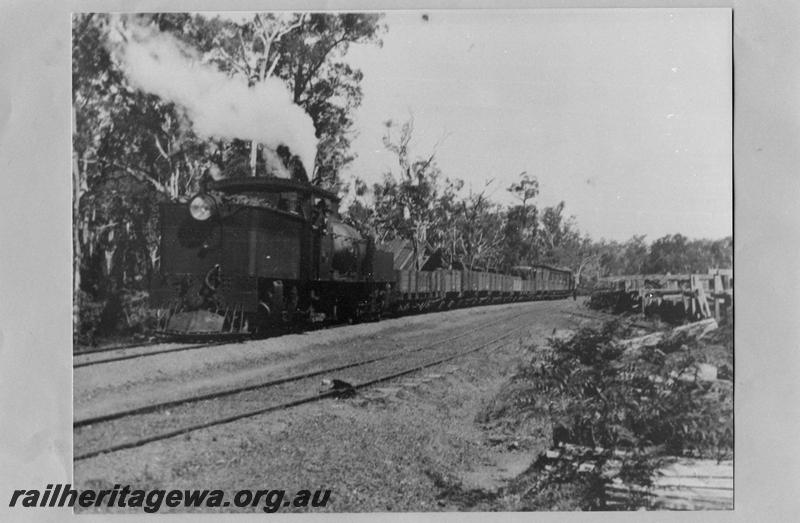 P07596
M class Garratt, mixed train, Plavins 12 kms beyond Dwellingup, PN line,  bunker leading

