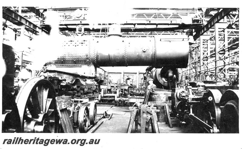 P07604
Fitting Shop, Midland Workshops, loco boiler being moved by overhead crane
