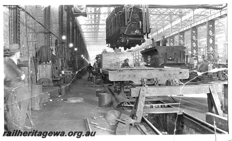 P07605
Fitting Shop, Midland Workshops, loco tender being moved by overhead crane, maybe a self trimming tender for ES class
