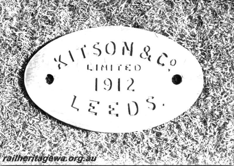 P07607
Makers plate,(builders plate) MRWA C class, Kitson & Co limited 1912, Leeds 
