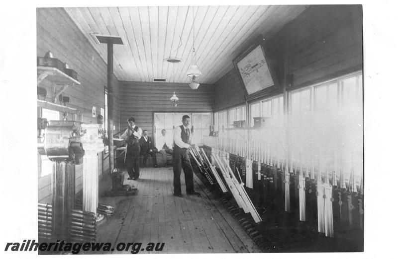 P07687
Signal men, point levers, signal box, internal view
