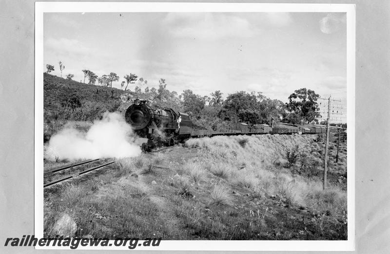 P07824
V class, upper quadrant signal in background, near Swan View, ER line, person leaning out of cab in white coat, print back to front.
