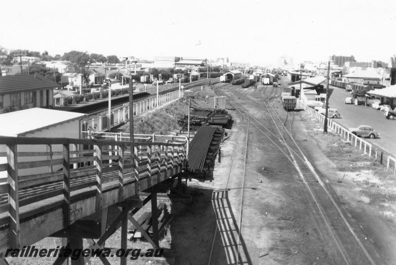 P07863
Station buildings, footbridge, goods yard, West Perth, view from footbridge looking east
