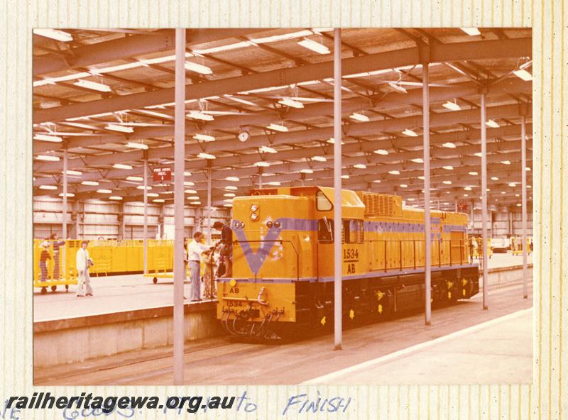 P07871
AB class 1534, Kewdale Freight shed, front and side view, on display
