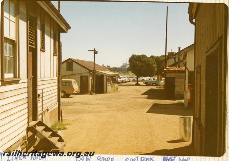 P07890
2 of 13 views of the Car & Wagon depot, Perth Yard, shows from left to right, Linen Room, C&W Store & Wagon buildings.
