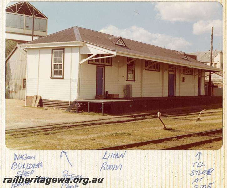 P07892
4 of 13 views of the Car & Wagon depot, Perth Yard, shows the Linen Room, trackside view.
