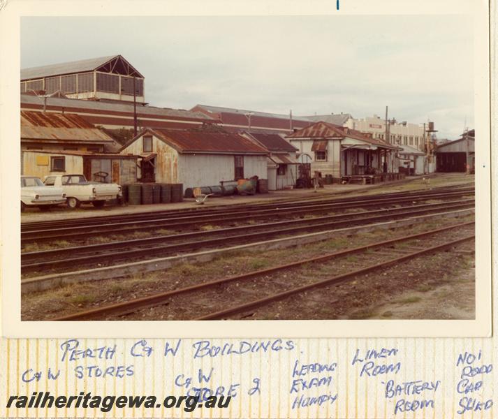 P07899
11 of 13 views of the Car & wagon depot, Perth Yard, shows from left to right, C&W Stores, C&W Store No.2, Leading Exam Humpy, Linen Room, Battery Room & part of the Carriage Shed.
