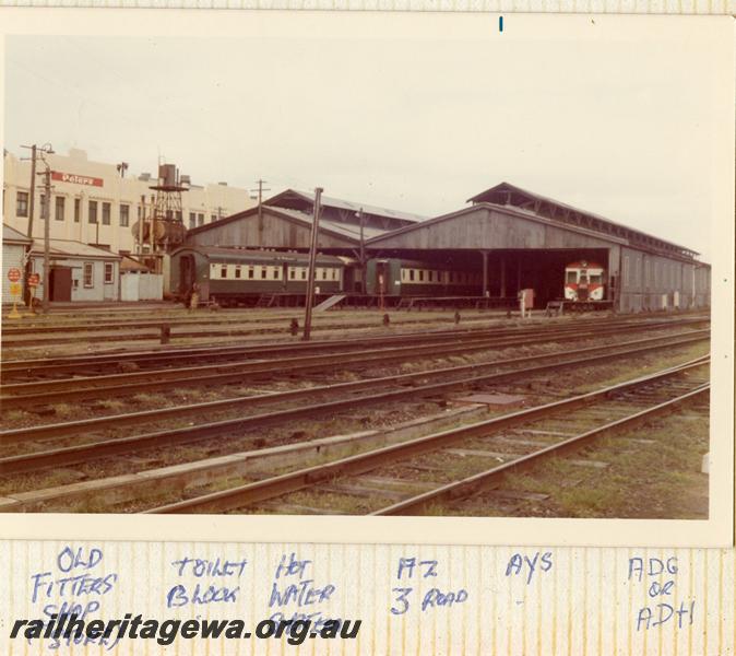 P07900
12 of 13 views of the Car & wagon depot, Perth Yard, shows from left to right, old Fitters Shop, Toilet block. Hot Water Plant & Carriage sheds.
