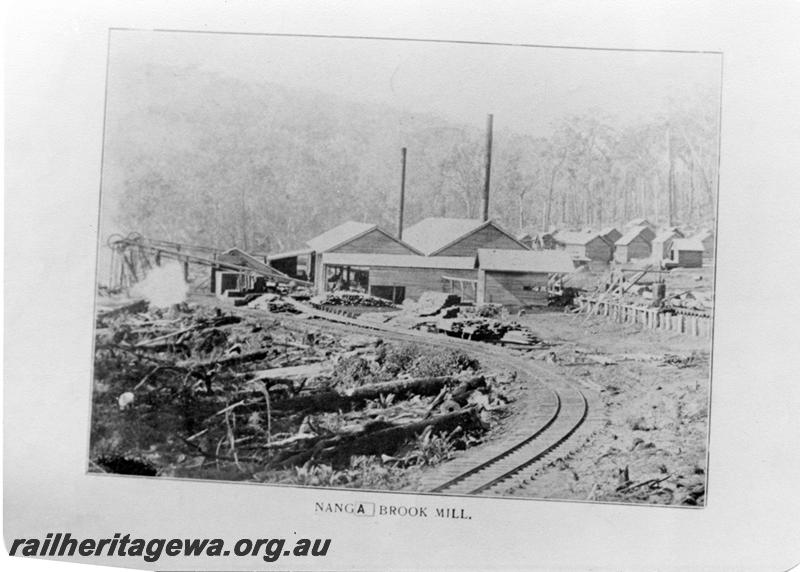 P07983
Timber mill, Nanga Brook, general overall view with railway track in foreground.
