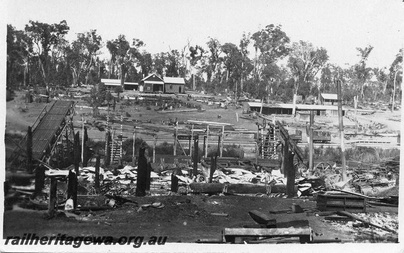 P07986
3 of 5 views of Millars mill at Marrinup, 4 kms west of Dwellingup, PN line, view of remains after fire
