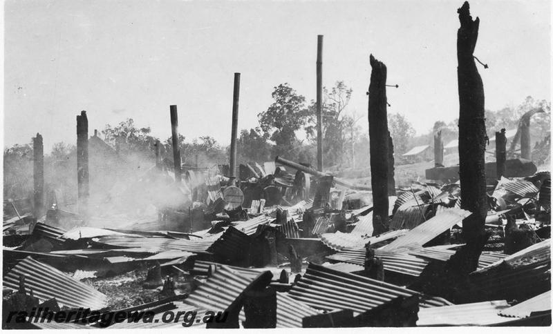 P07987
4 of 5 views of Millars mill at Marrinup, 4 kms west of Dwellingup, PN line, remains after fire
