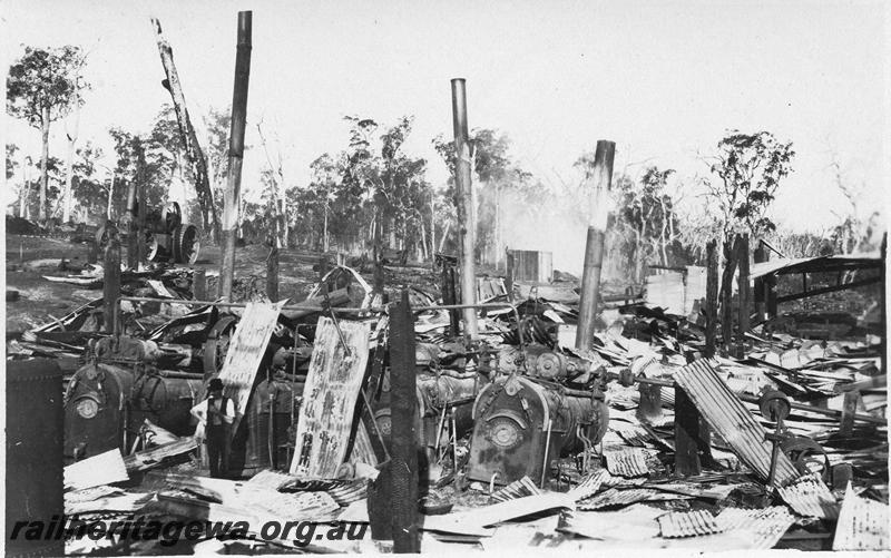 P07988
5 of 5 views of Millars mill at Marrinup, 4 kms west of Dwellingup, PN line, remains of mill after fire.
