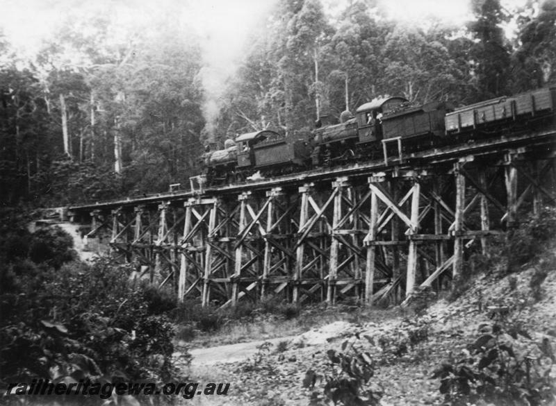 P08075
Double headed FS class locos, trestle bridge, near Pemberton, PP line, goods train out of Pemberton for Manjimup on the 