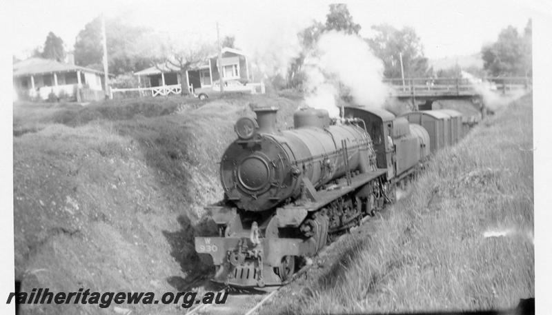 P08097
W class 930, road over bridge, in cutting entering Bridgetown, PP line, goods train
