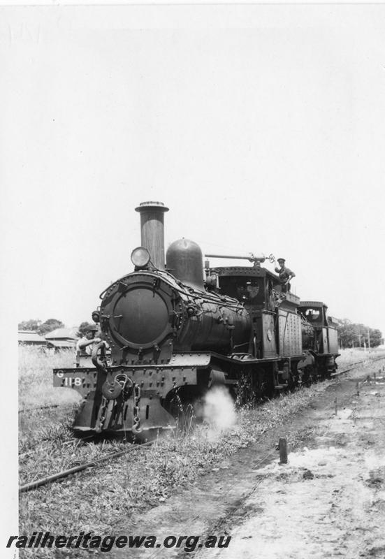 P08124
1 of 3 views of G class 118 hauling G class 67 from Bunbury to Midland, Yarloop, SWR line, taking water, front and side view
