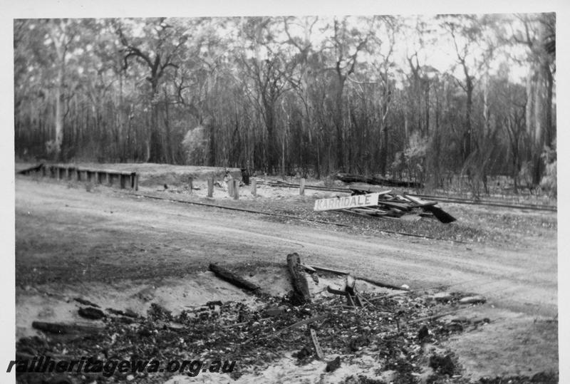 P08208
Loading platform, station nameboard, Karridale, BB line, aftermath of bushfire
