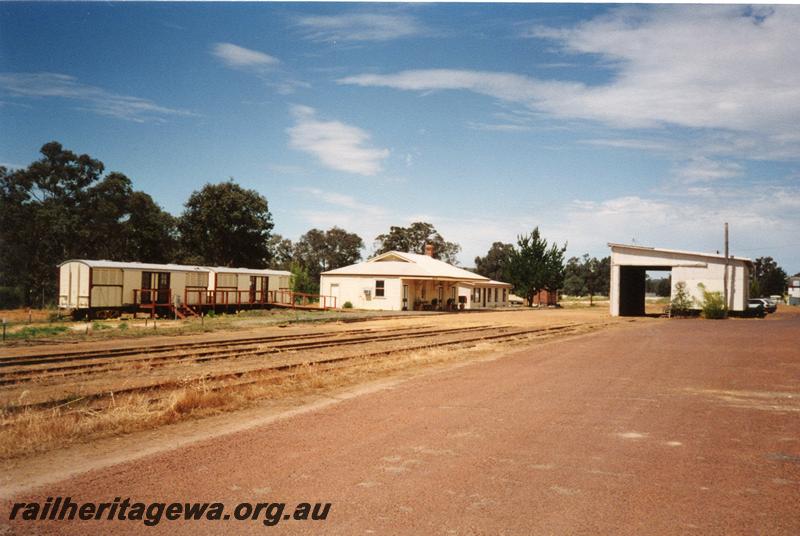 P08368
Station buildings, goods shed, VF class vans, Boyup Brook photo taken after the closure of the line.
