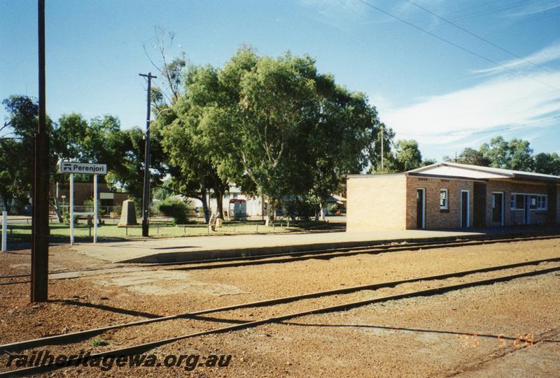 P08440
Perenjori, station building, platform, rail side view, EM line.
