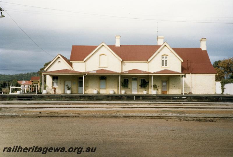 P08504
York, station building, view from rail side, lever frame, scales, GSR line.
