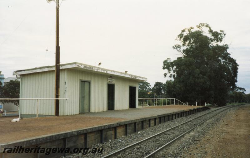 P08523
Broomehill, station building, platform, nameboard, view from rail side, GSR line.
