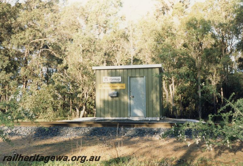 P08626
Yornup, station building, Westrail nameboard, view from rail side, PP line.
