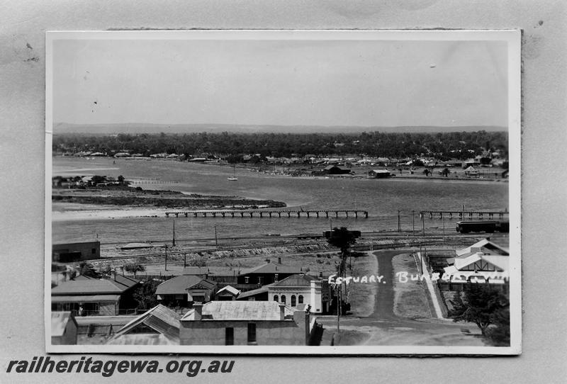 P08696
General view over the Estuary at Bunbury showing tracks in the foreground and a disused railway bridge in the background. An AL class 