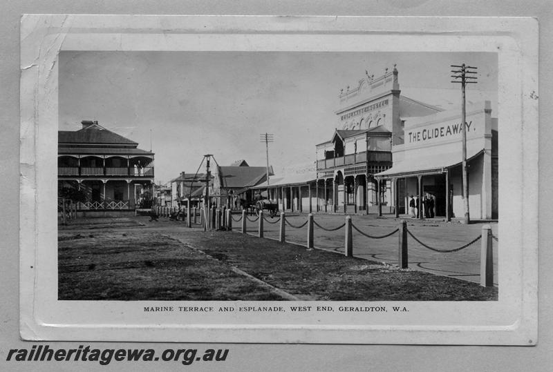 P08704
View down Marine Terrace and Esplanade, west end, Geraldton, view shows part of the first Geraldton Railway Station building
