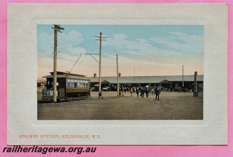 P08710
Tram, station buildings, Kalgoorlie, EGR line, streetside view. A coloured postcard
