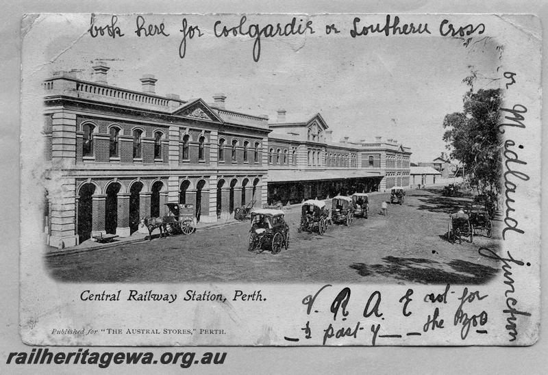 P08715
Station, Perth, streetside view, horse drawn vehicles in the station forecourt, view looking east, postcard published for 