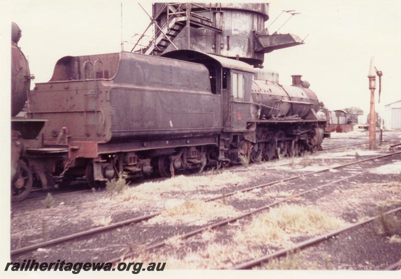 P08719
W class, coaling tower, Midland Loco depot, loco has had its number plates and piston rods removed, stowed, side and front view.
