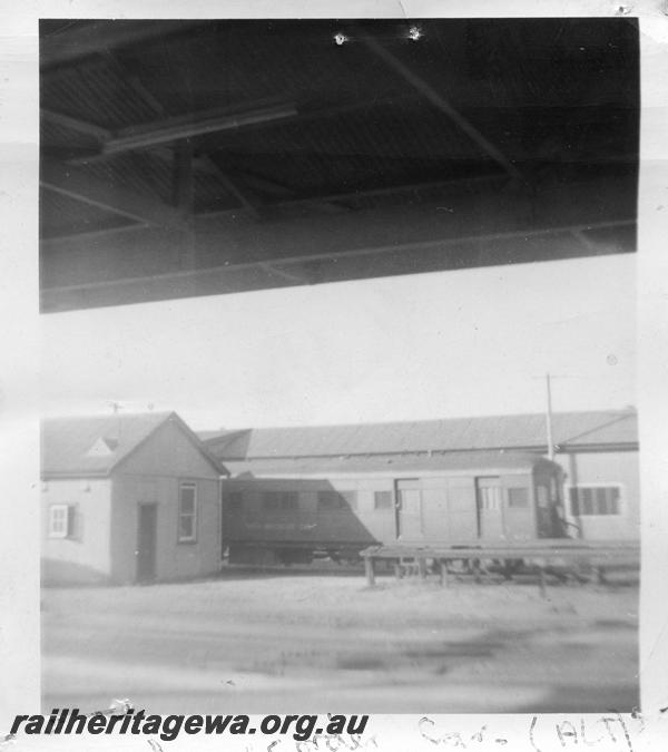 P08851
ALT class 5, track recorder car, ex ASA class 445 steam railcar, East Perth, partly behind a building.
