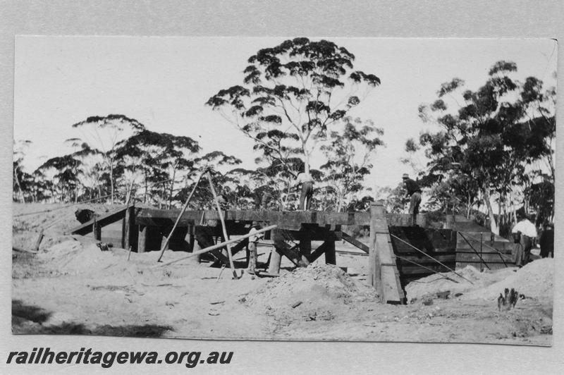 P08888
4 of 29 views of the construction of the Wyalkatchem-Lake Brown-Southern Cross railway, WLB line. Bridge No.1 under construction.
